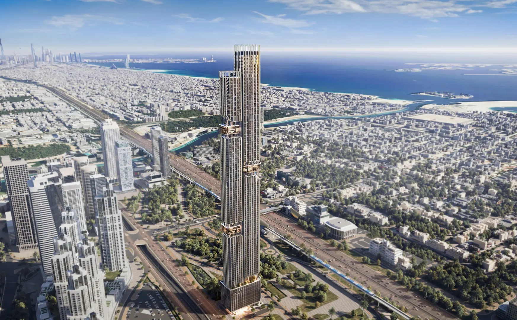DWTN Residences with the Arabian Gulf behind, developer render