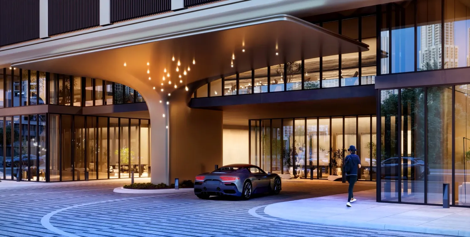 Porte-cochère and grand entrance of DWTN Residences, developer render