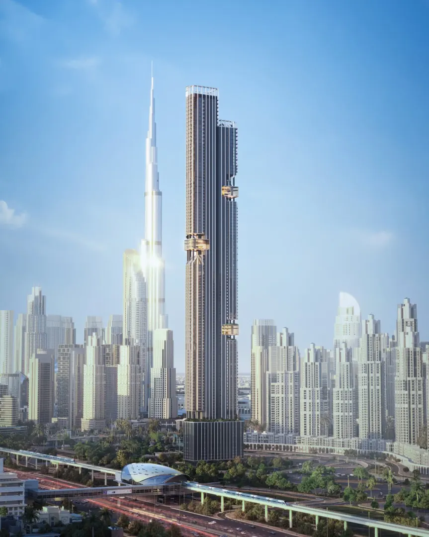 DWTN Residences with the Business Bay metro line in the foreground, developer render